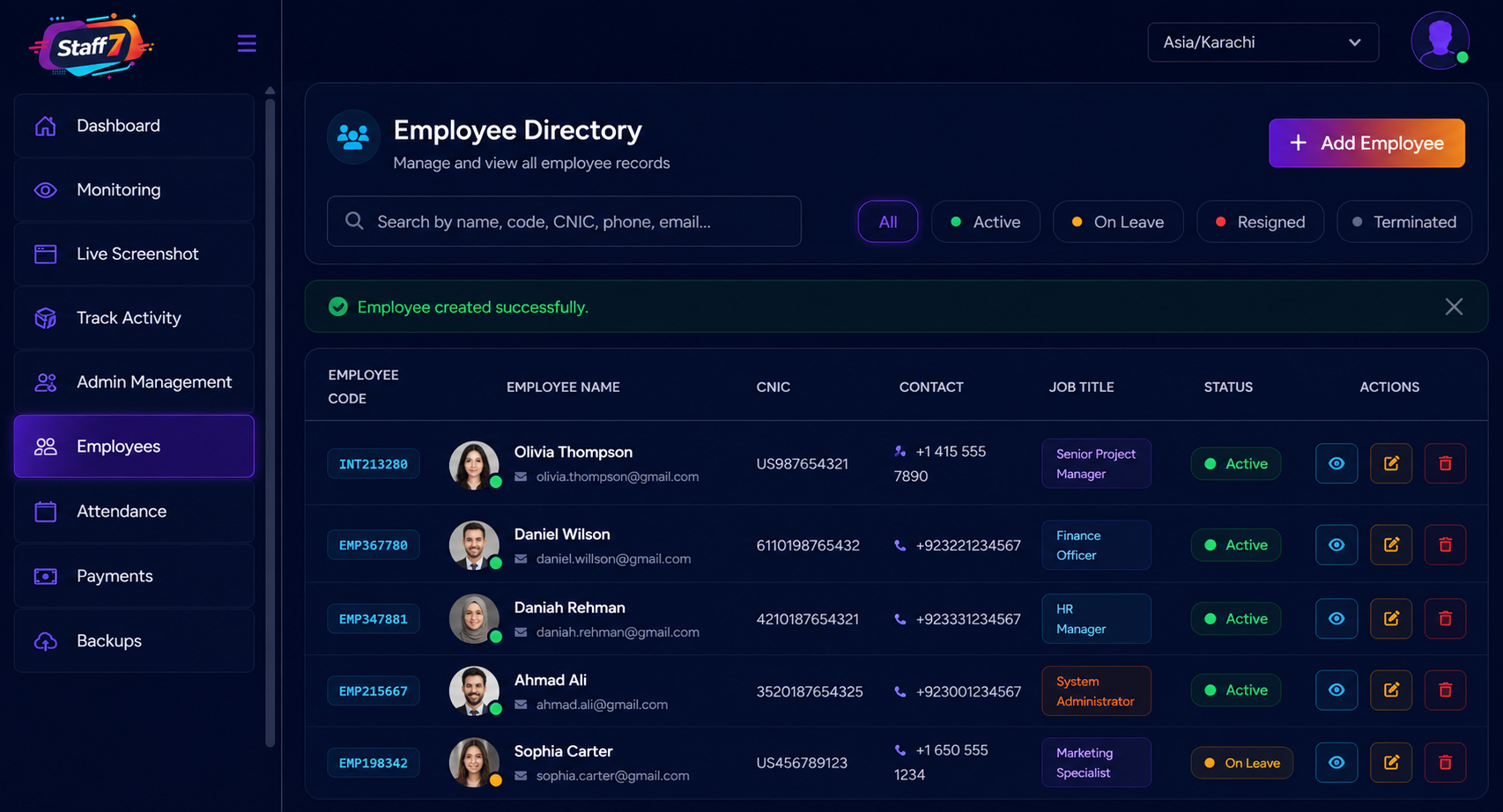 Staff7 employee directory dashboard