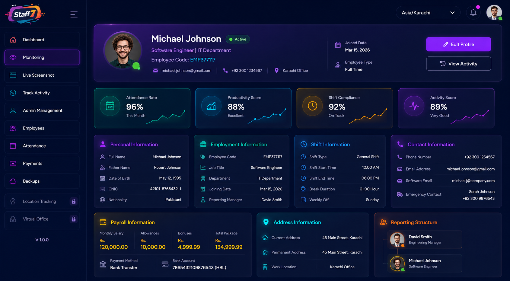 Staff7 employee profile details dashboard
