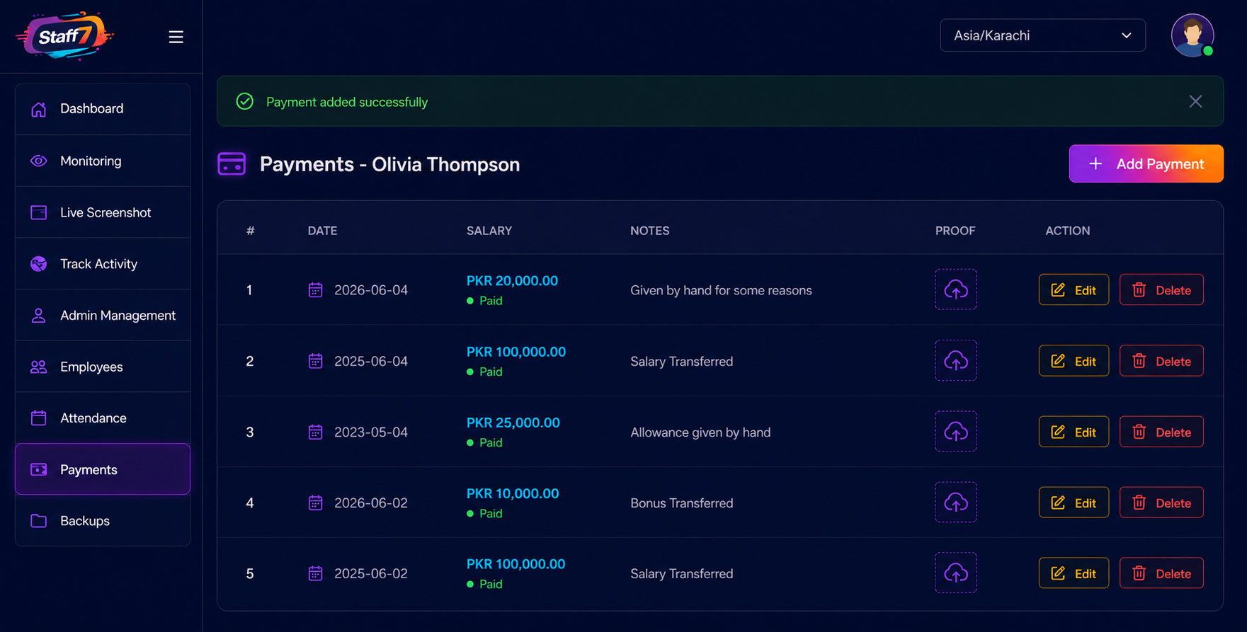 Staff7 payment and payslip history dashboard